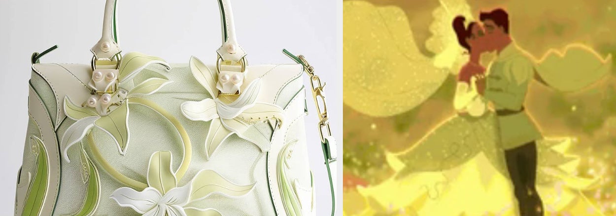 Tiana and Naveen from Princess and the Frog next to an AI-generated handbag with water lily details