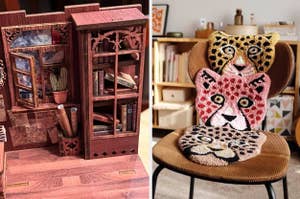 Miniature wooden bookcase with details and hand-crafted animal-themed chair cushion