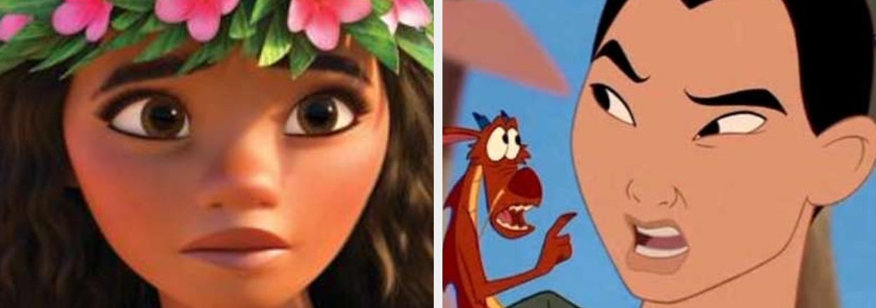 Animated characters Moana and Mushu with captions questioning about gem name and first song