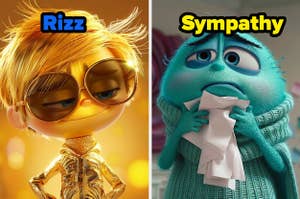 Characters Rizz and Sympathy from animation, with expressive faces; Rizz with sunglasses, Sympathy in a sweater