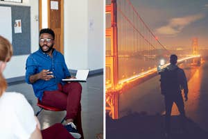 Two images side by side: Left shows a person in a casual outfit with a laptop in a discussion, right displays a silhouette figure viewing a lit bridge at night
