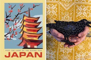 Sticker kit Japan travel poster, next to a person holding a stained glass bird