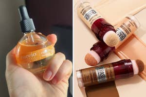 Person holding a bottle of cuticle oil next to an image of concealer sticks with applicators