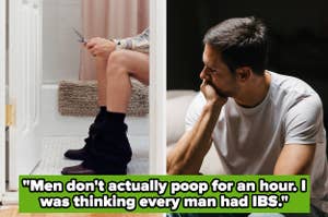 Meme with two images: left shows a person on a toilet using phone, right shows a man thinking, with a humorous caption about men's bathroom habits