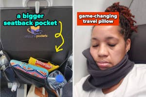 a seatback pocket and a travel pillow