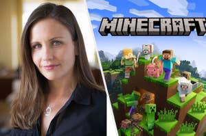 Elizabeth from Minecraft giving a business presentation with the game’s characters in the background