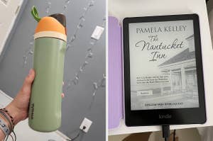 an owala water bottle and a kindle paperwhite
