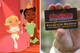 Left: Animated princesses on furniture. Right: Hand holding a Costco Executive Member card