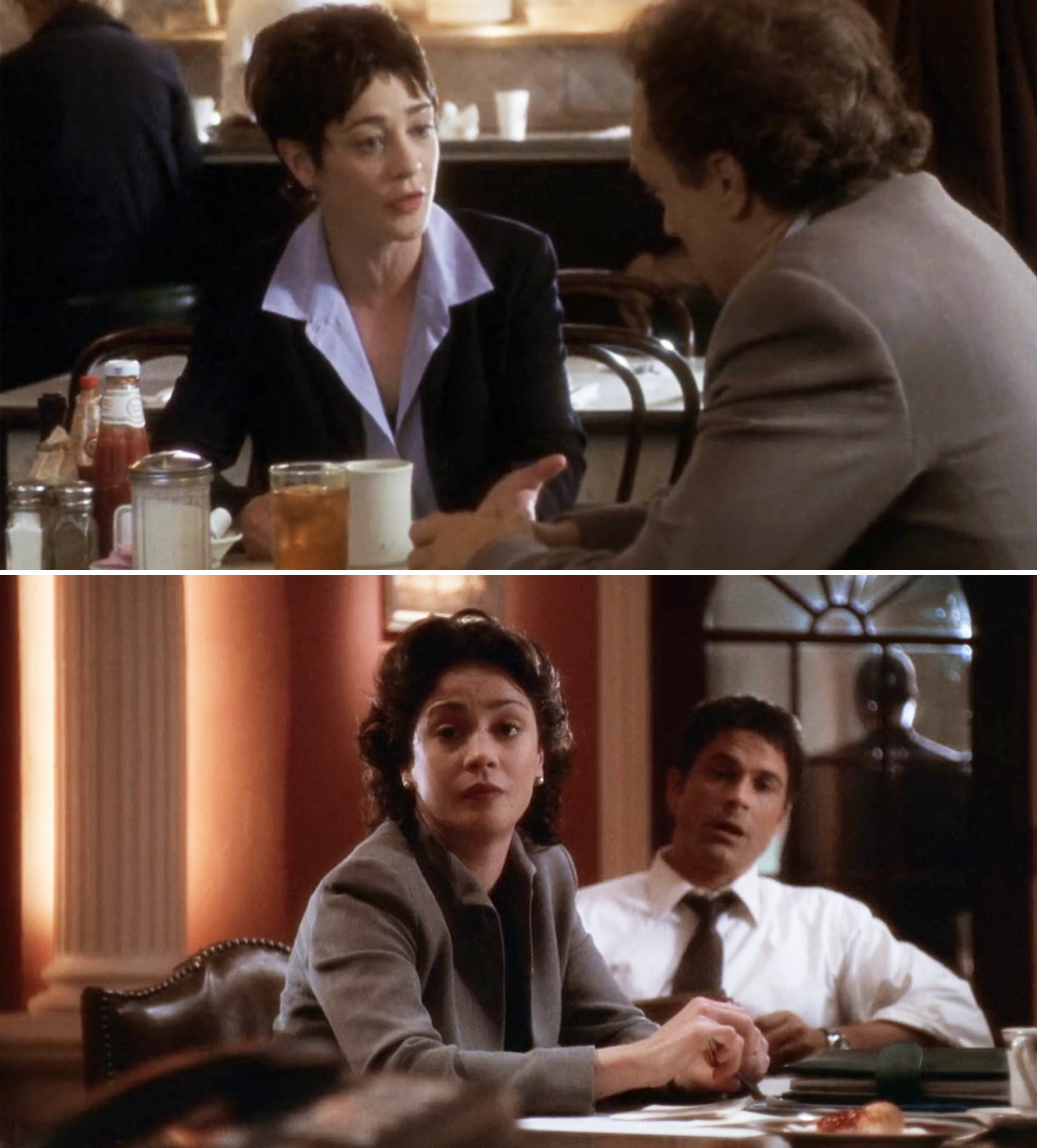 Two scenes from a TV show featuring the same actress in different conversations