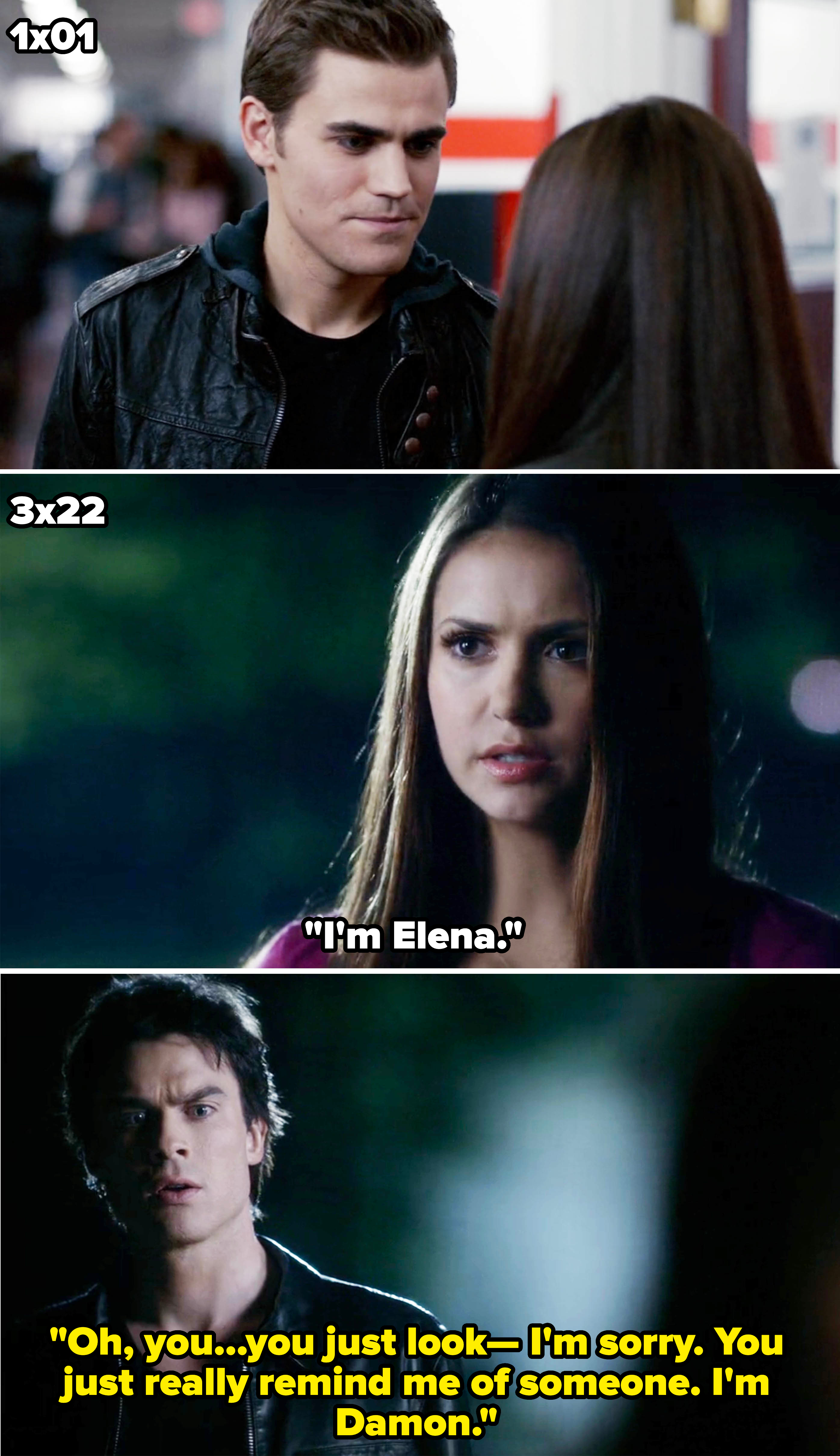 Three separate images from a TV show featuring characters Stefan Salvatore, Elena Gilbert, and Damon Salvatore in a tense scene