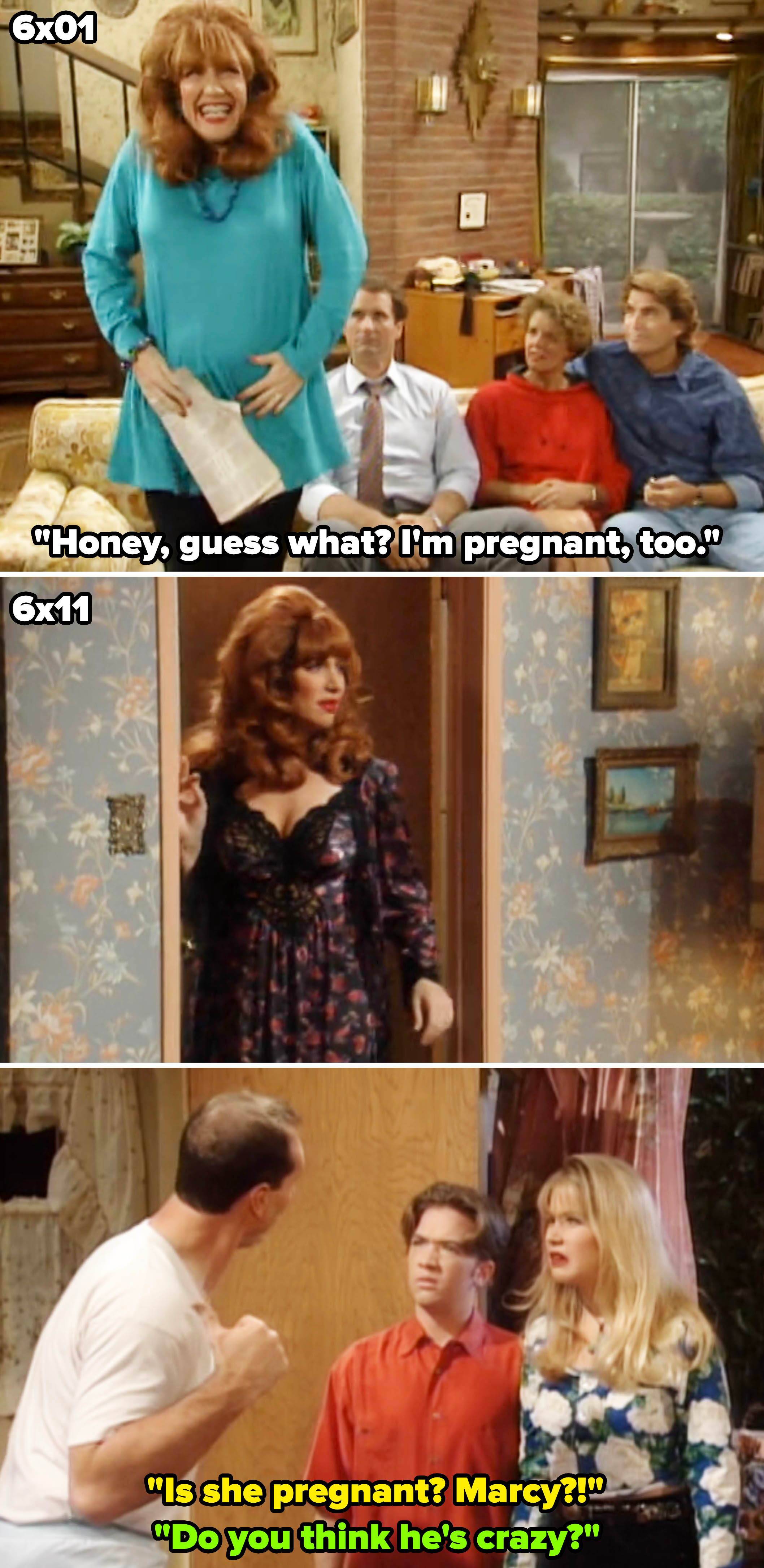TV show &quot;Married with Children&quot; cast in different scenes, including characters Peg, Al, Kelly, and Bud Bundy