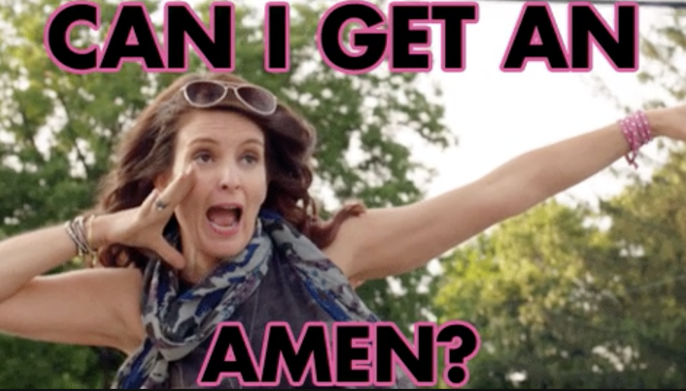 Woman with raised arms and excited expression shouting, text overlay reads &quot;CAN I GET AN AMEN?&quot;