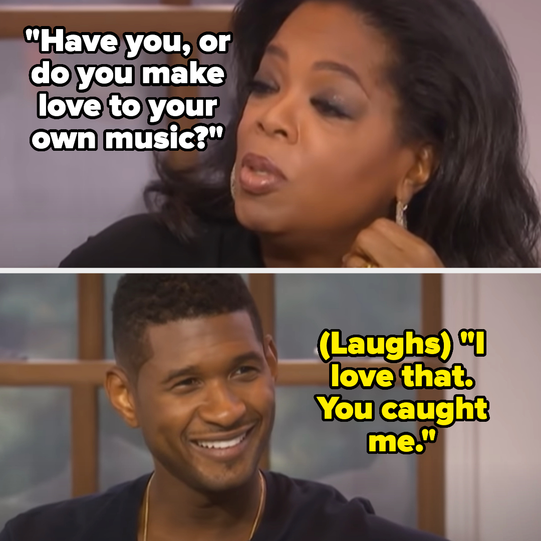 Oprah Winfrey interviews Usher, who laughs in response to a question