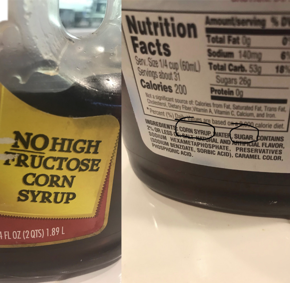 Syrup bottle labeled &quot;No High Fructose Corn Syrup&quot; next to its Nutrition Facts label that lists &quot;corn syrup&quot; and &quot;sugar&quot;
