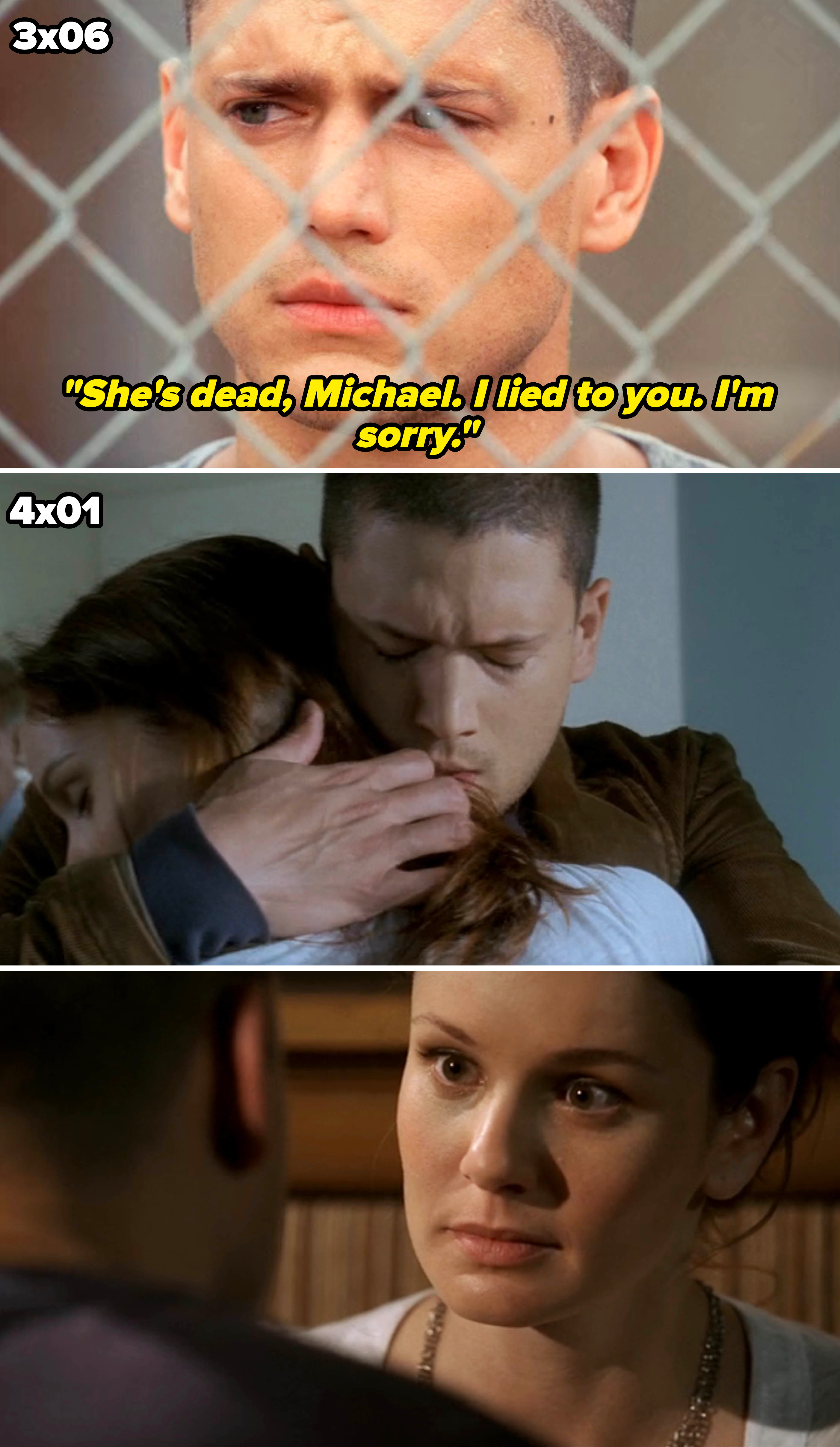 Three stills from &quot;Prison Break&quot; featuring Wentworth Miller as Michael Scofield and Sarah Wayne Callies as Sara Tancredi in emotional scenes