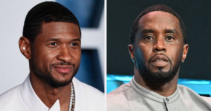 Usher wearing a white shirt and chain necklace, Diddy in a gray collared shirt