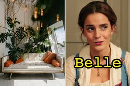 On the left, a living room with tons of plants behind a couch and lights hanging from the ceiling, and on the right, Emma Watson as Belle in the live action Beauty and the Beast
