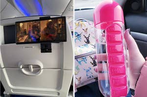 On the left, an airplane seatback screen showing a movie. On the right, a hand holds a portable pill organizer with days of the week