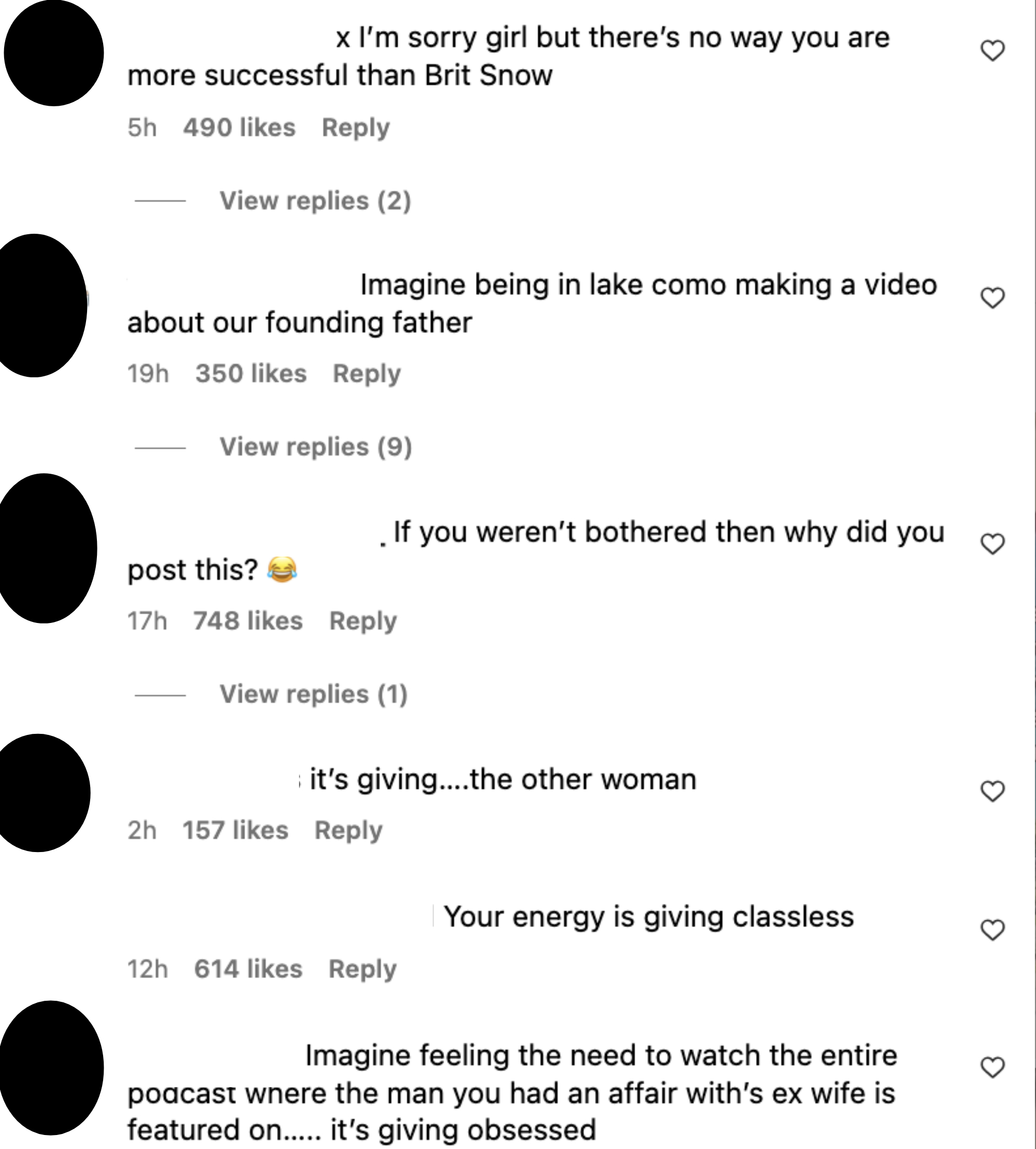 Multiple Instagram comments under a post, including &quot;Your energy is giving classless&quot; and &quot;If you weren&#x27;t bothered then why did you post this?&quot;