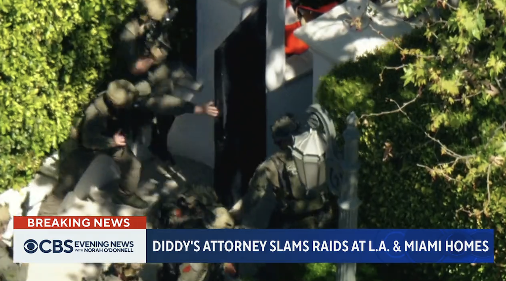 Agents entering Diddy&#x27;s property with CBS Evening News chyron