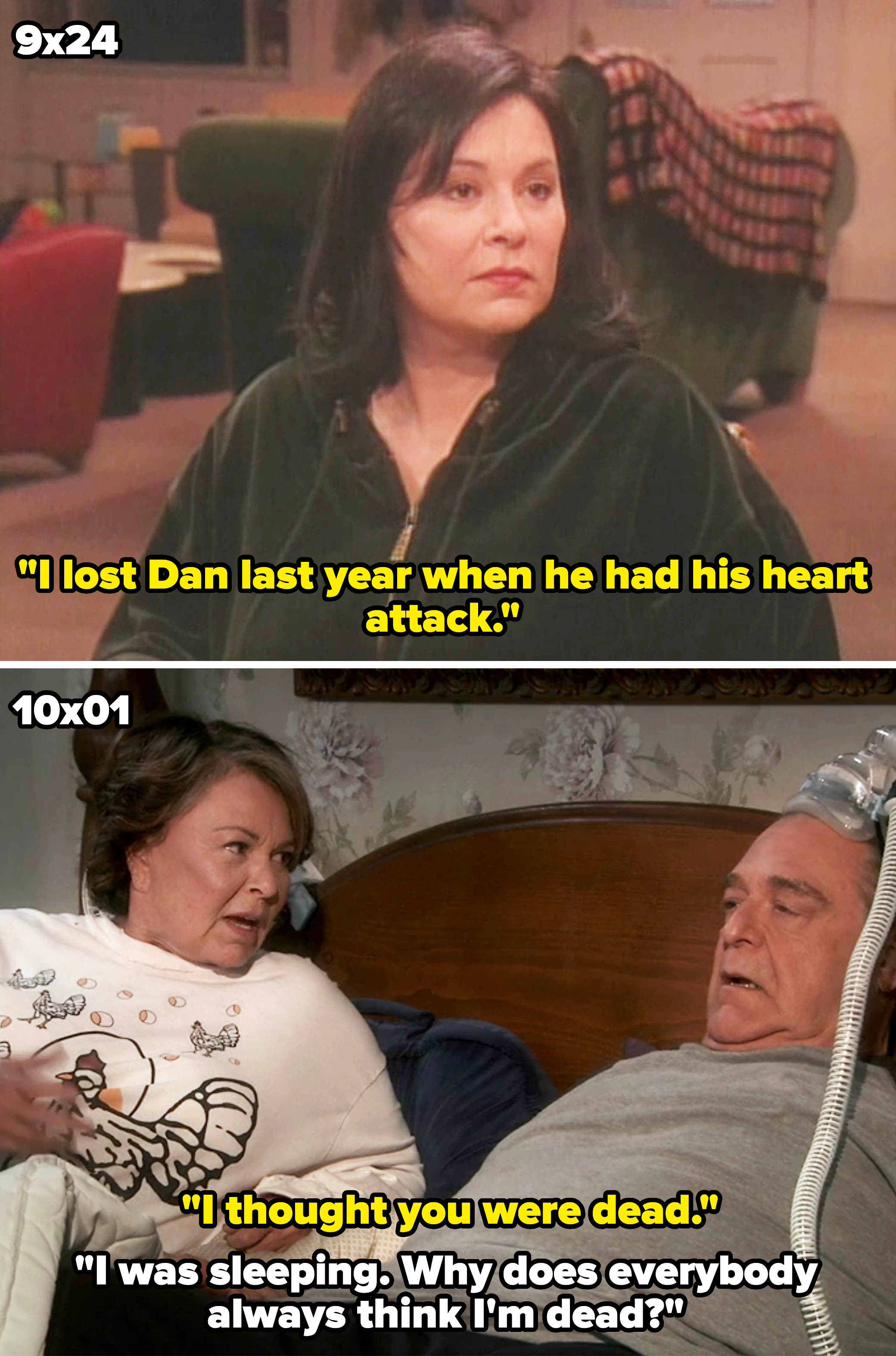 Two scenes from a TV show featuring Roseanne Conner in casual clothing, sitting indoors and lying beside a character in a hospital bed