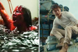 Jessica Chastain covered in blood in It Chapter Two vs Tom Holland in Uncharted
