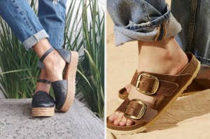 Two types of women's summer shoes: a black espadrille wedge on the left and a tan strappy sandal on the right
