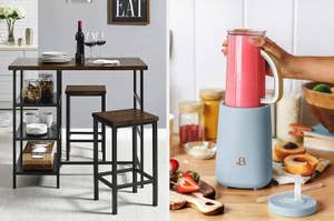on left: kitchen dining set with table and two stools, on right: model making strawberry smoothie with blender