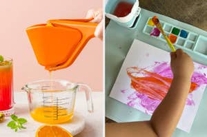 a model using a juicer to get orange juice in a measuring cup / a reviewer's child using a painting station with cup and paint wells