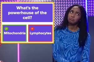 Ayo Edebiri cocking her head to the side in an SNL sketch next to a screenshot of the question what's the powerhouse of the cell
