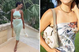 Person in a mint cutout dress and another with a floral top and cream purse