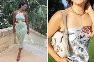 Person in a mint cutout dress and another with a floral top and cream purse