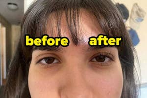 Close-up of a person's eyebrows with "before" and "after" text, indicating a cosmetic transformation