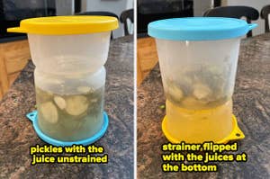 Two images of a pickle container, one with juice unstrained, the other with strainer flipped to separate juice
