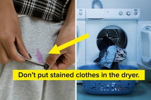 Person finds stain on clothing, laundry tip warning against drying stained clothes