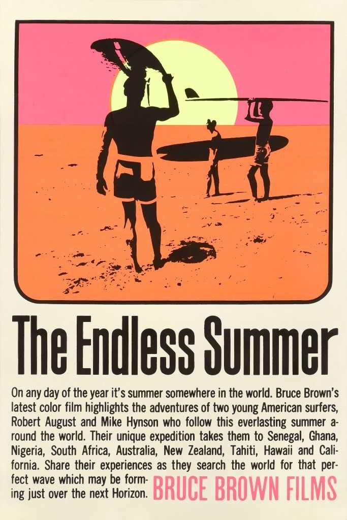 Poster of &quot;The Endless Summer&quot; film showing two surfers holding boards with sunset in the background; includes movie details