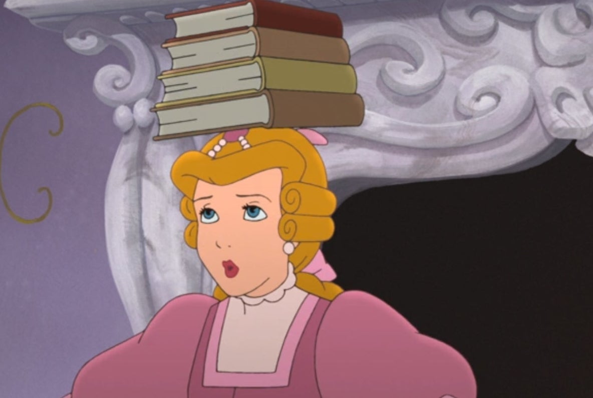 Cinderella carrying a stack of books on her head with a surprised expression on her face