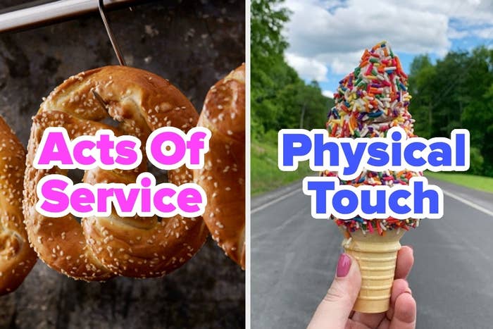 On the left, soft pretzels labeled Acts of Service, and on the right, someone holding a soft serve cone dipped in sprinkles labeled Physical Touch