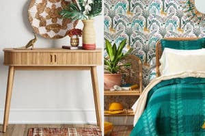 Interior scene with a wooden console table and a bedroom showcasing bohemian decor and woven textures, ideal for a shopping inspiration article