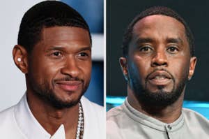 Usher and Sean Combs side by side, Usher in a white outfit with a chain, Sean Combs in a grey outfit