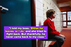Child sitting on a chair by lockers, appearing thoughtful or waiting, in a school setting