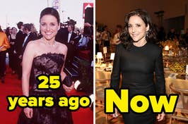 Julia Louis-Dreyfus in a strapless dress at a past event and in a long-sleeve dress at a current event