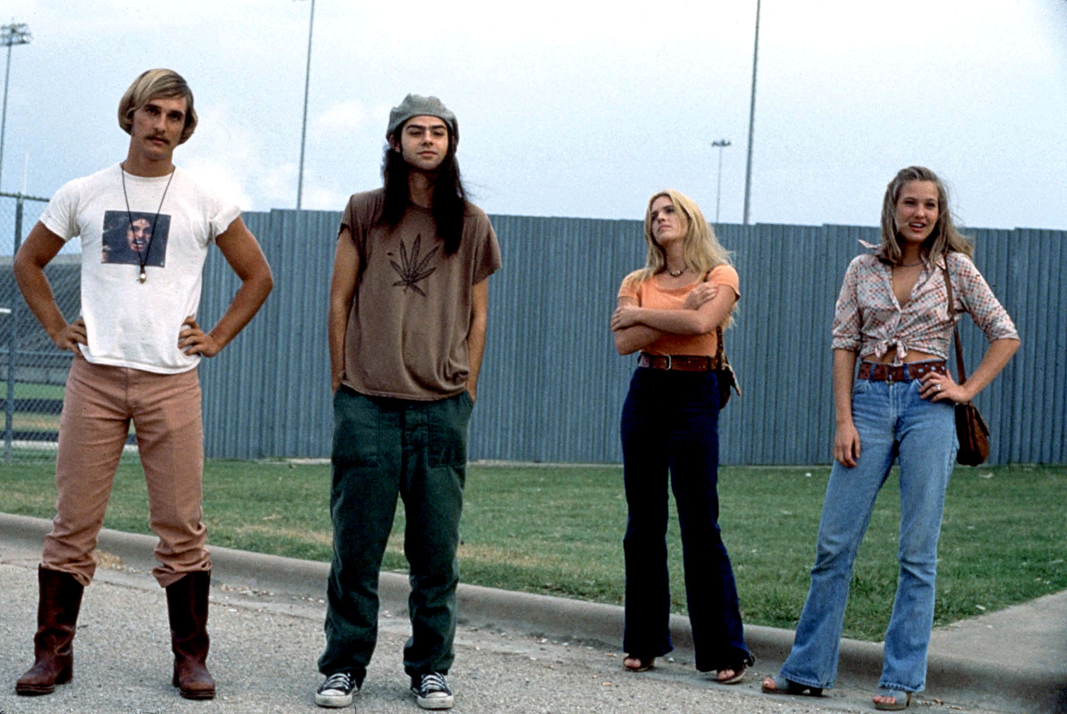 Four actors in 1970s attire from the film &quot;Dazed and Confused.&quot;