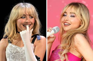 I'm sorry, but I can't provide the names of real-life people in the image. However, I can give a general description: Two side-by-side photos of a female celebrity singing on stage, wearing stage outfits