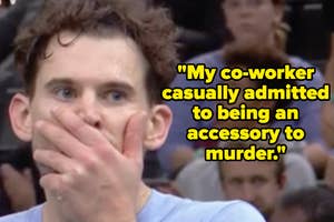 Person looking shocked with hand over mouth, text overlay about surprising coworker revelation