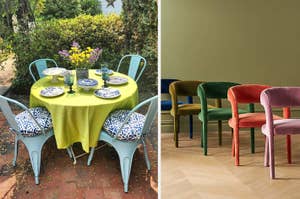Outdoor and indoor home dining set-ups with styled tables and chairs