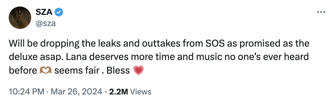 SZA tweets about releasing leaks and outtakes from SOS album, mentioning Lana deserves more time with unseen music