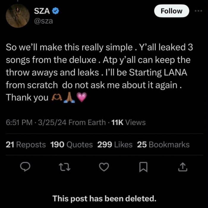 SZA tweets about keeping three songs from her deluxe album and starting anew due to leaks, mentions Lana, expressing gratitude