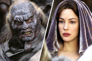 Lurtz from LOTR with orc makeup and Arwen from LOTR in a hooded cloak