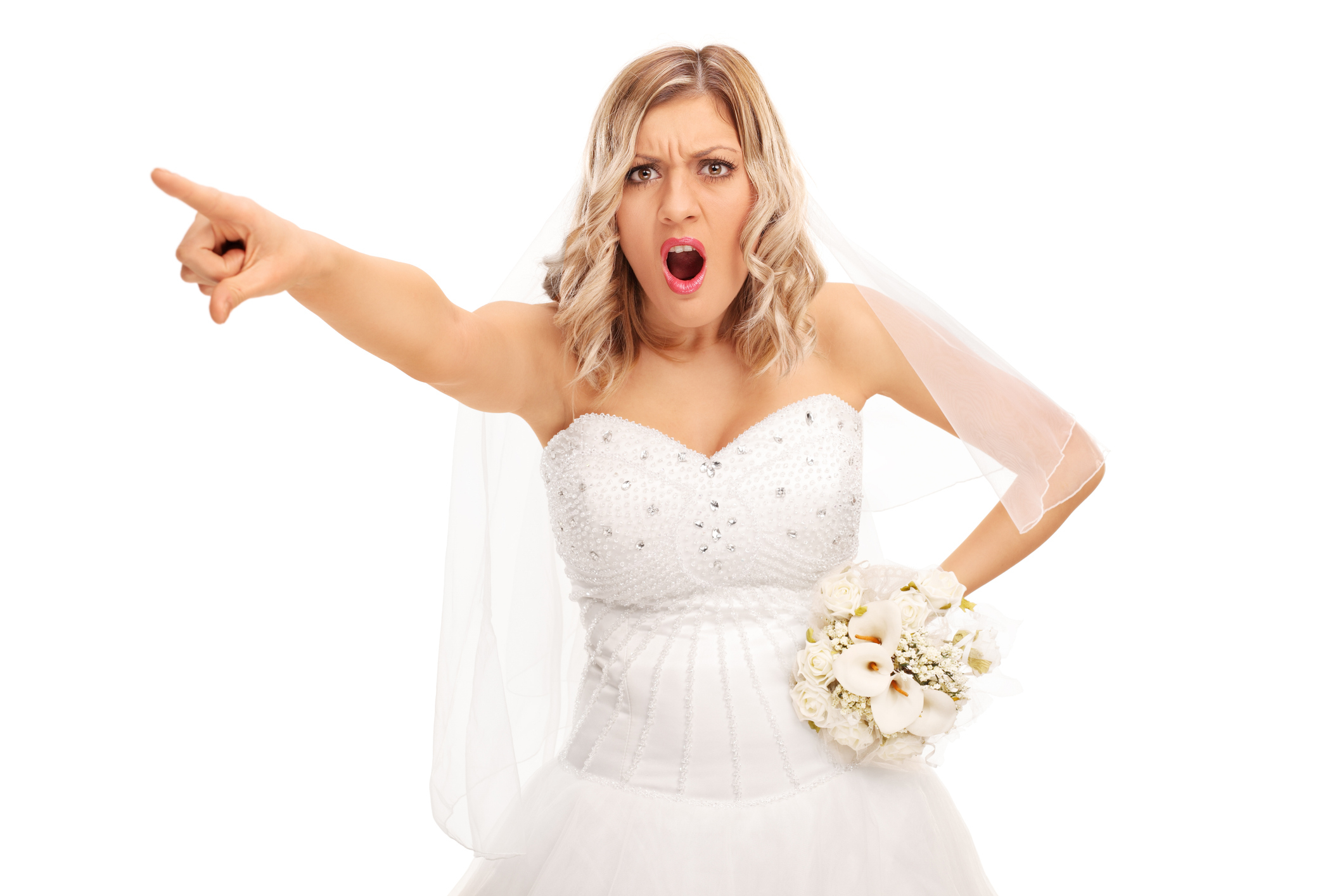 Bride in a strapless wedding dress pointing and shouting, expression of surprise or urgency, holding a bouquet